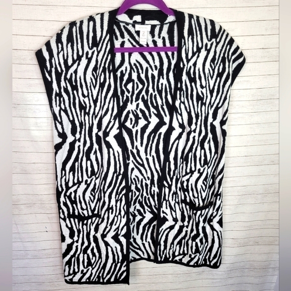 CHICO'S ZEBRA PRINT SLEEVELESS OPEN FRONT CARDIGAN, SZ 2/MEDIUM - Picture 2 of 9